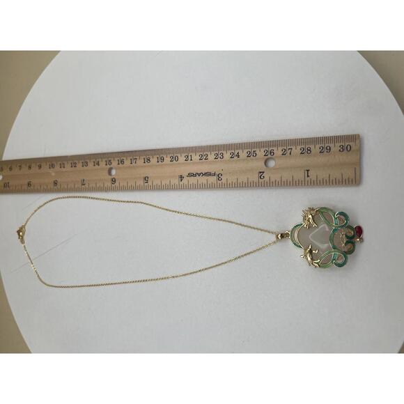 Gold-tone Dragon and Phoenix Pendant Necklace with Green Enamel and Red Accent - Picture 4 of 7